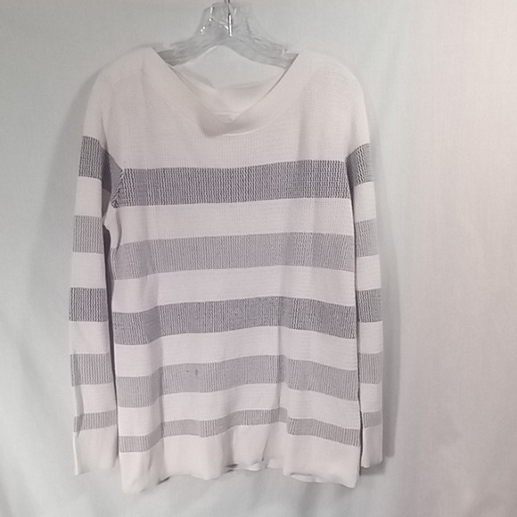 Market & Spruce Ivory Gray Striped Tawnee Waffle Knit Sweater Size XL - Picture 3 of 5